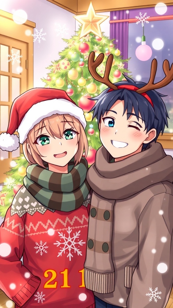 Maki and Yuta in festive attire for Christmas, surrounded by holiday decorations.